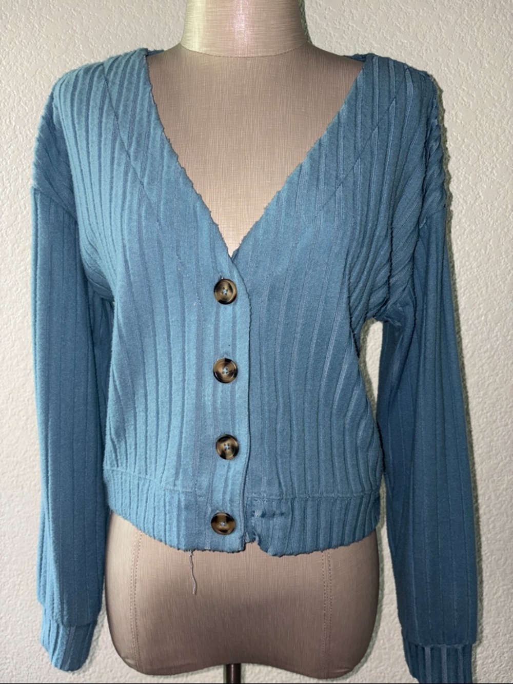 SO Dusty Blue Ribbed V-Neck Button-Front Cardigan